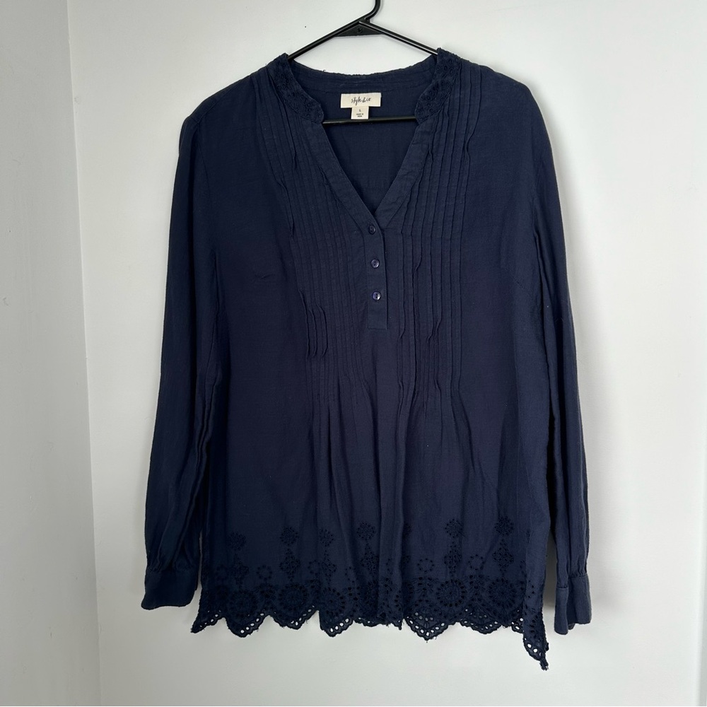 Style & Co Blue Pleated pop‎ over 3/4 Blouse blouse